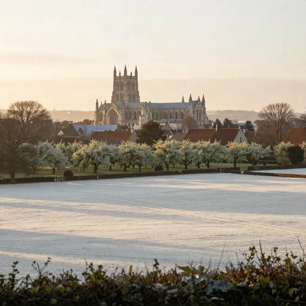 Canterbury Cathedral spires above misty chalk fields and orchards at sunset.