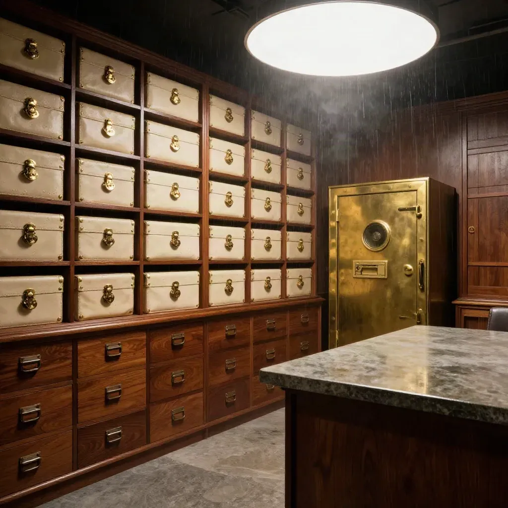 Moody advisory room with leather portfolio cases, brass safe and walnut archive wall