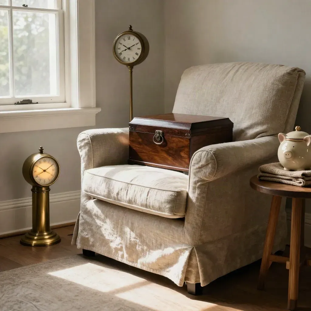 Cozy linen reading nook with brass clock, sealed box, and ceramic jars in warm daylight
