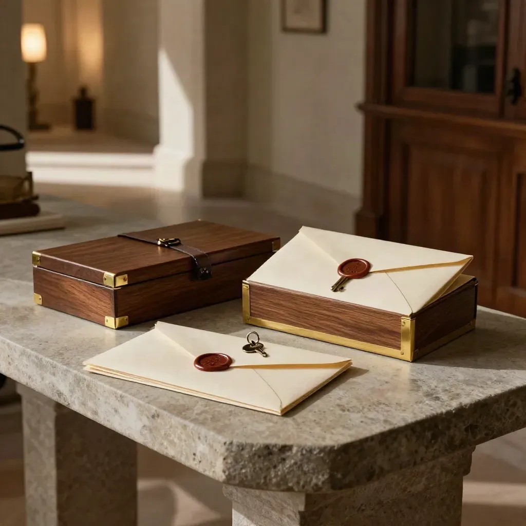 Stone console with sealed envelopes, heirloom boxes and a house key in warm lamplight.