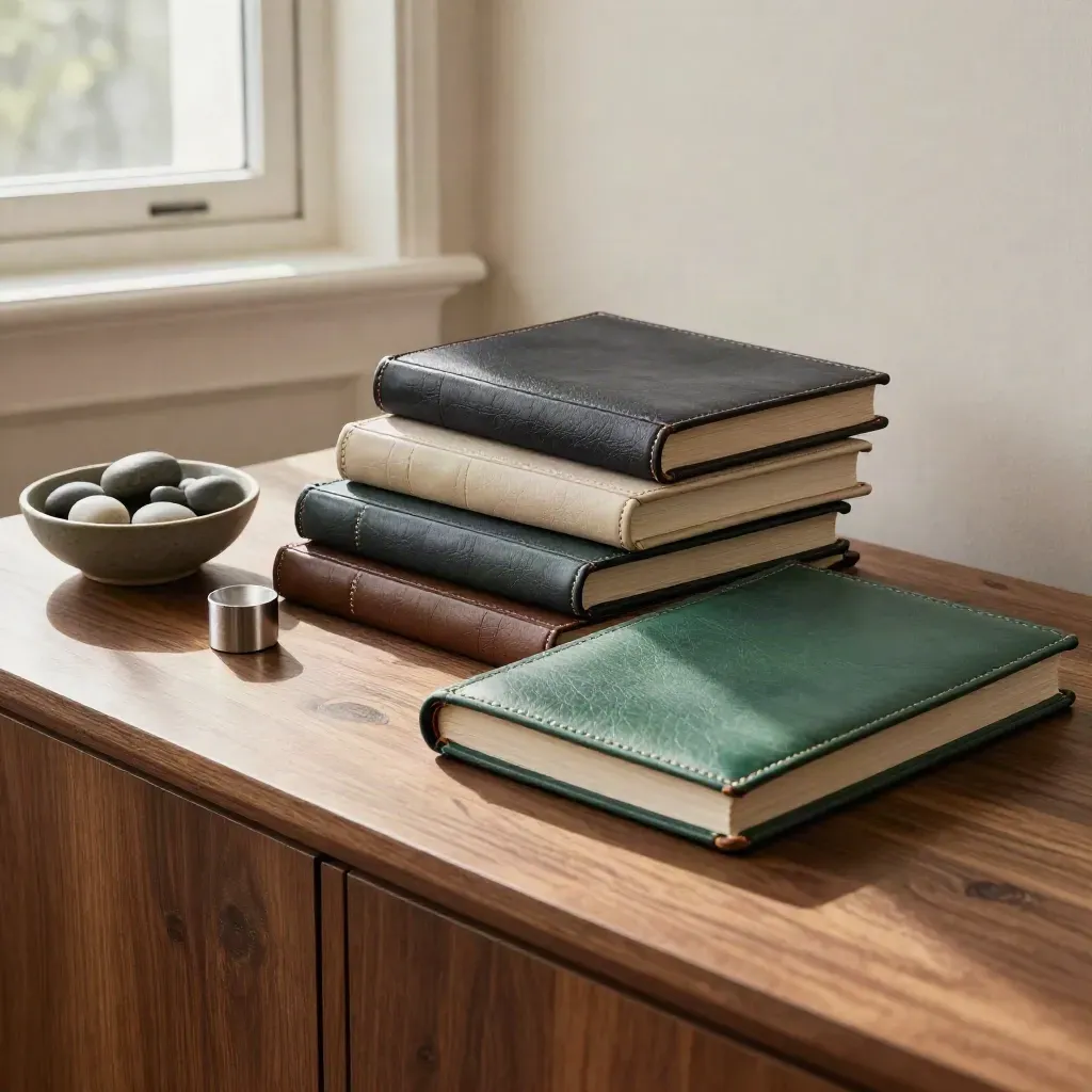 Three leather investment folios and a stone bowl on a walnut sideboard by a window.