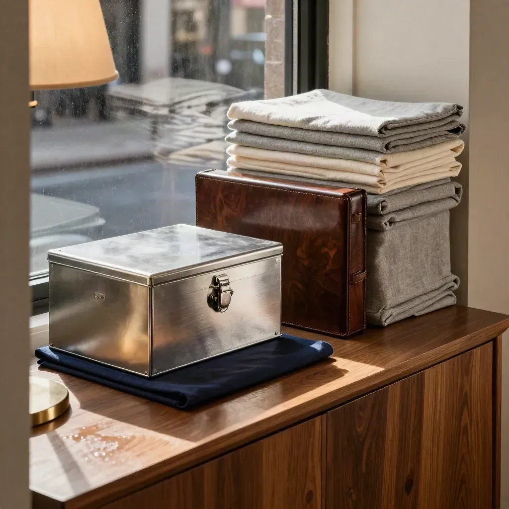 Locked cash box, transfer sleeves, and bond case on a walnut console in warm city light.