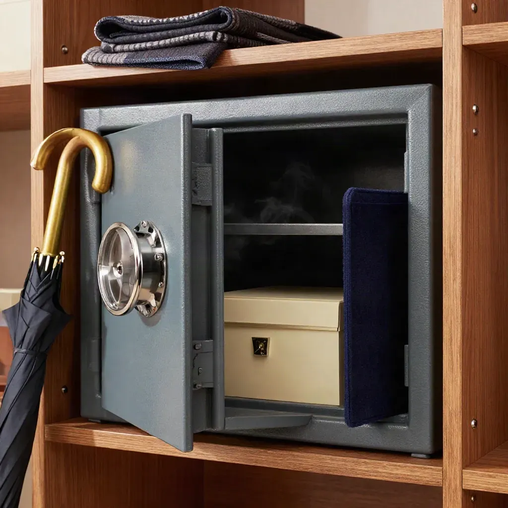 Open fireproof safe shelf with wool blanket, brass umbrella handle and policy box in cool daylight.