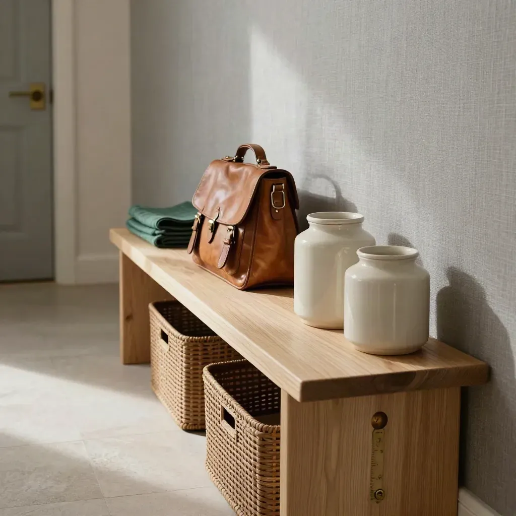 Hallway bench with baskets, satchel, and ceramic jars in a calm premium interior