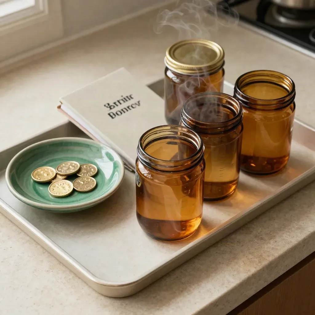 Top-down cash flow guidance still life with amber jars, coin dish, and a closed savings notebook