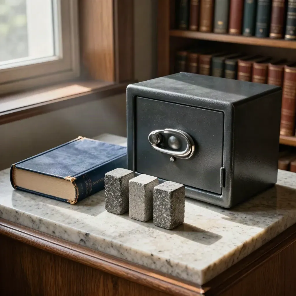 Private-study still life with a closed medical book, stone blocks, and a dark metal safe.
