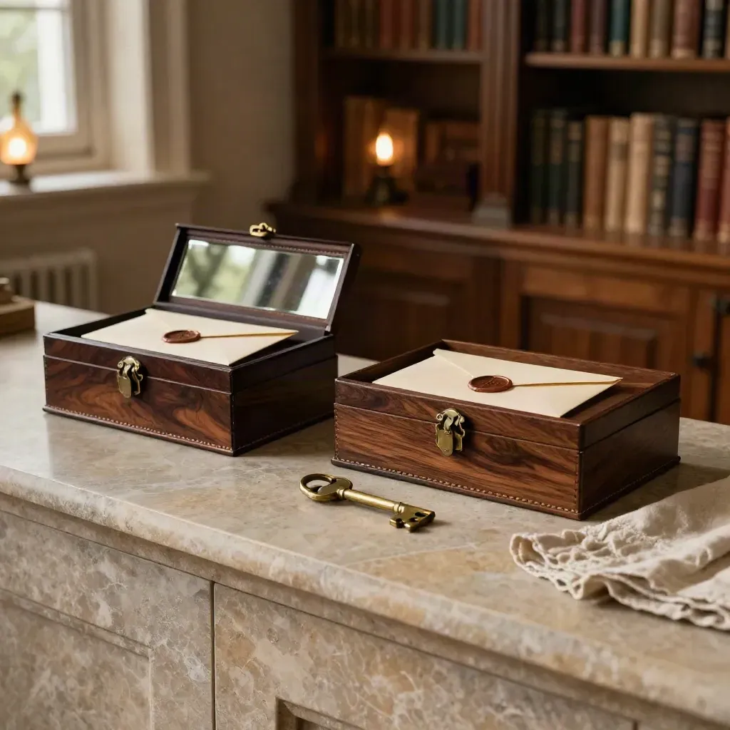 Stone sideboard with twin heirloom boxes, sealed envelopes, and a brass key in warm afternoon light.