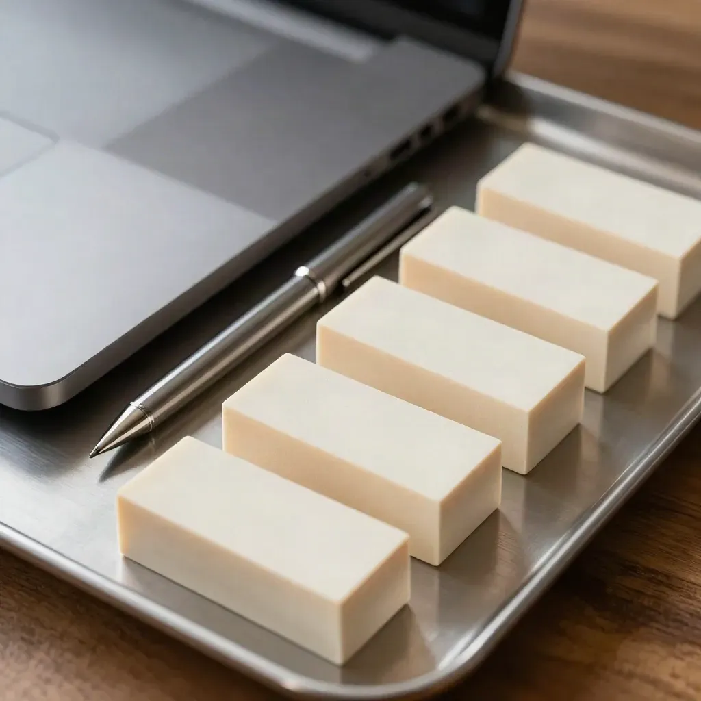 Closed laptop, silver pen, and stepped allocation blocks on a steel tray in a private wealth office.
