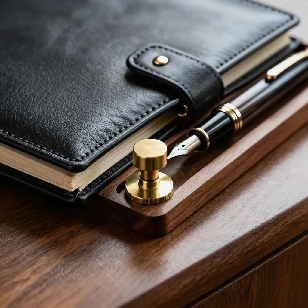 Brass seal, leather folio and pen in a dramatic macro still life on walnut.