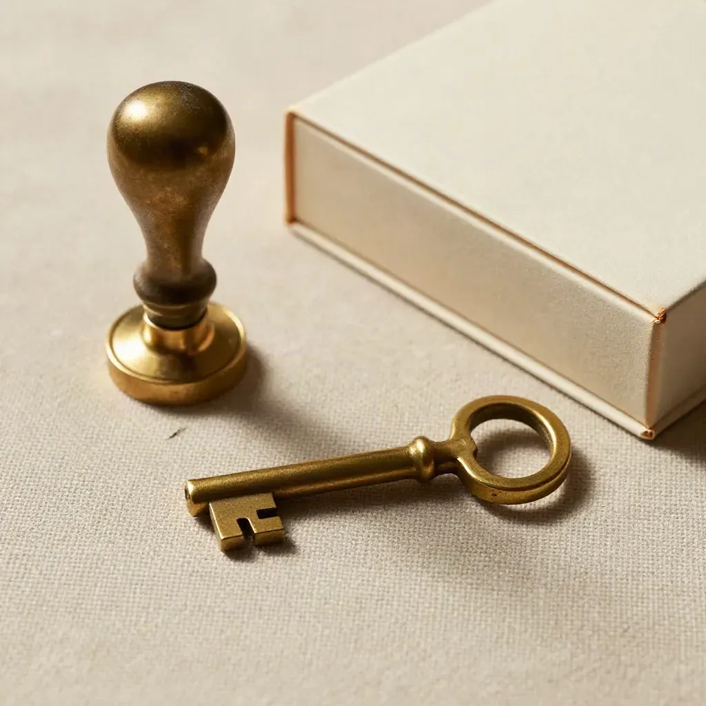 Wax seal stamp, cream box and brass key on textured linen with warm skimming light.
