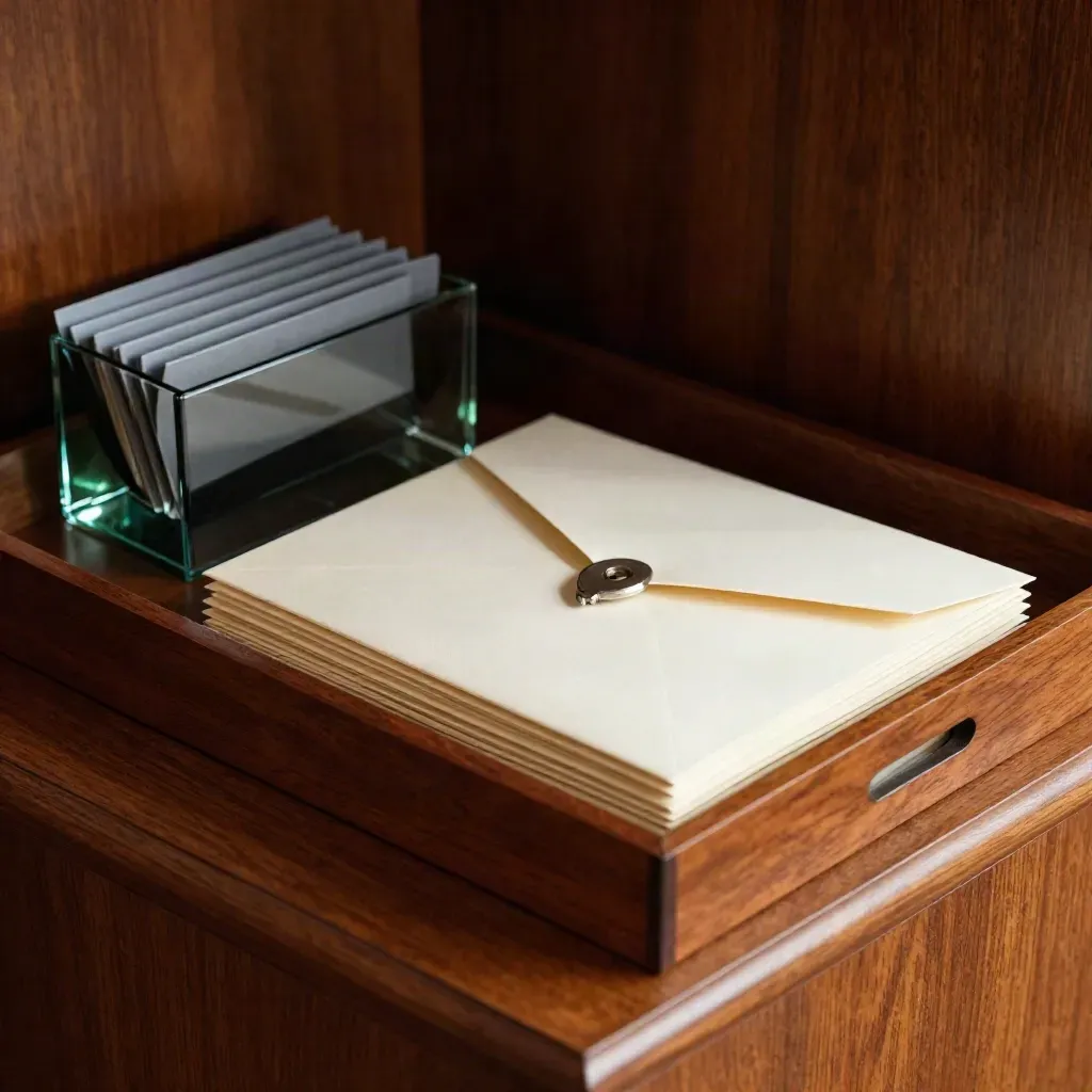 Sealed review envelopes, dark paperweight and blue tabs on walnut shelf under dramatic light.