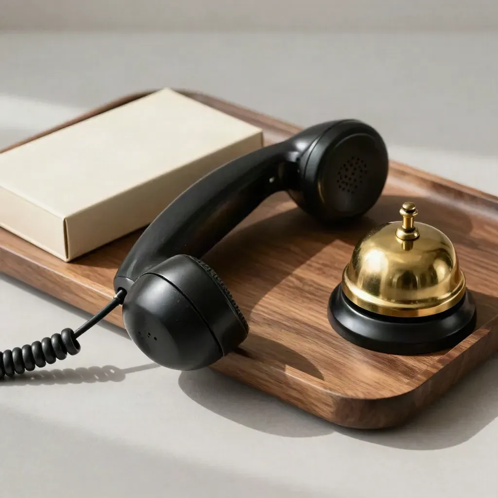 Black phone receiver, brass bell, and cream card box on a walnut tray.