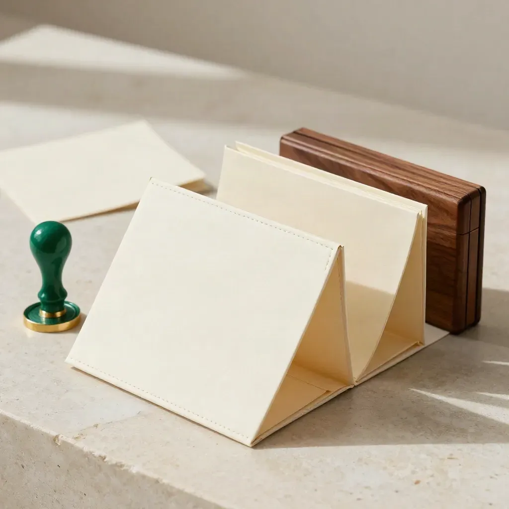 Three cream folders, emerald wax seal, and walnut case on pale limestone in soft daylight.