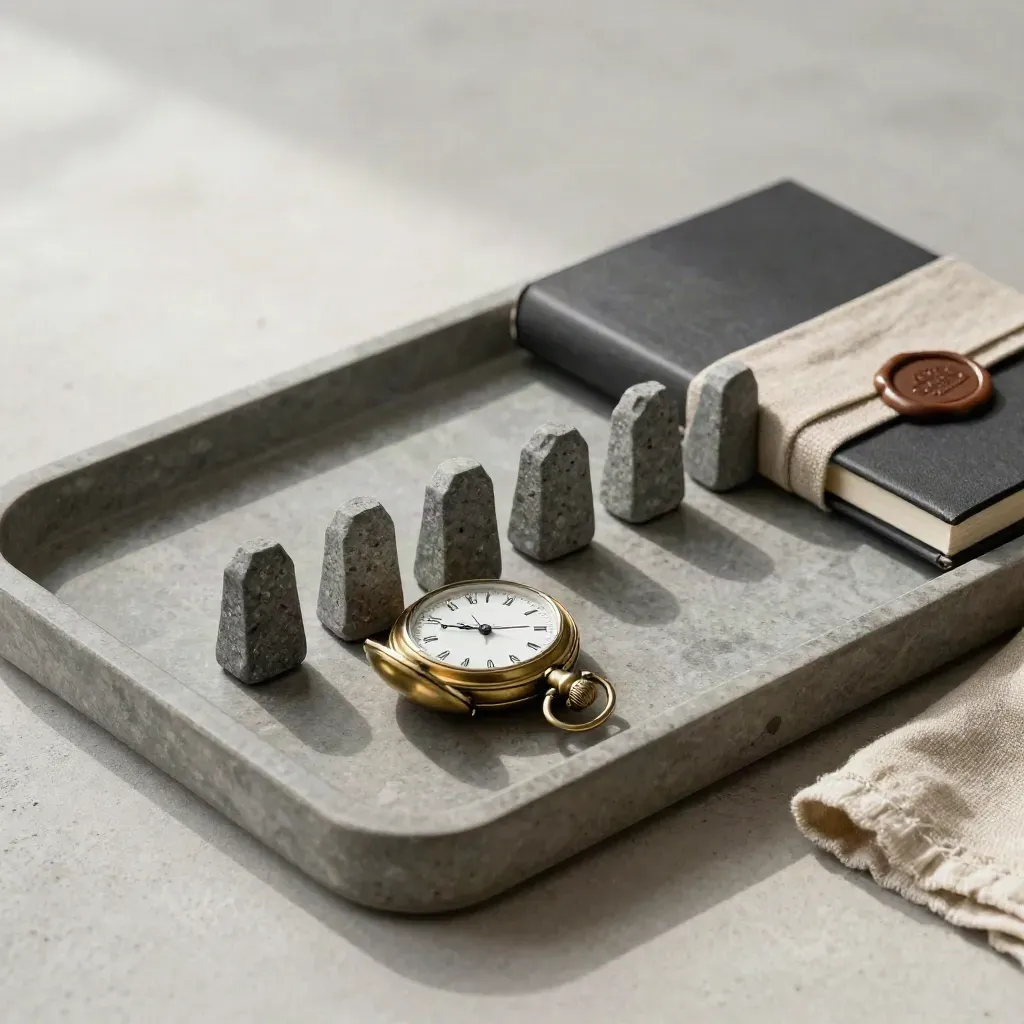 Brass pocket watch, seven stone markers, and sealed review notebook on a stone tray