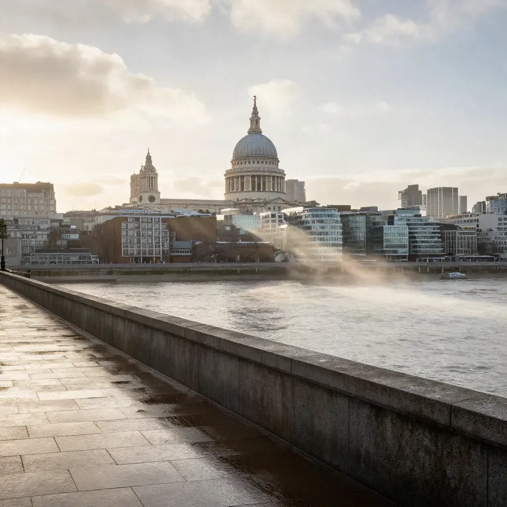 St Paul’s dome above the Thames at sunrise, mist lifting over a wet stone terrace