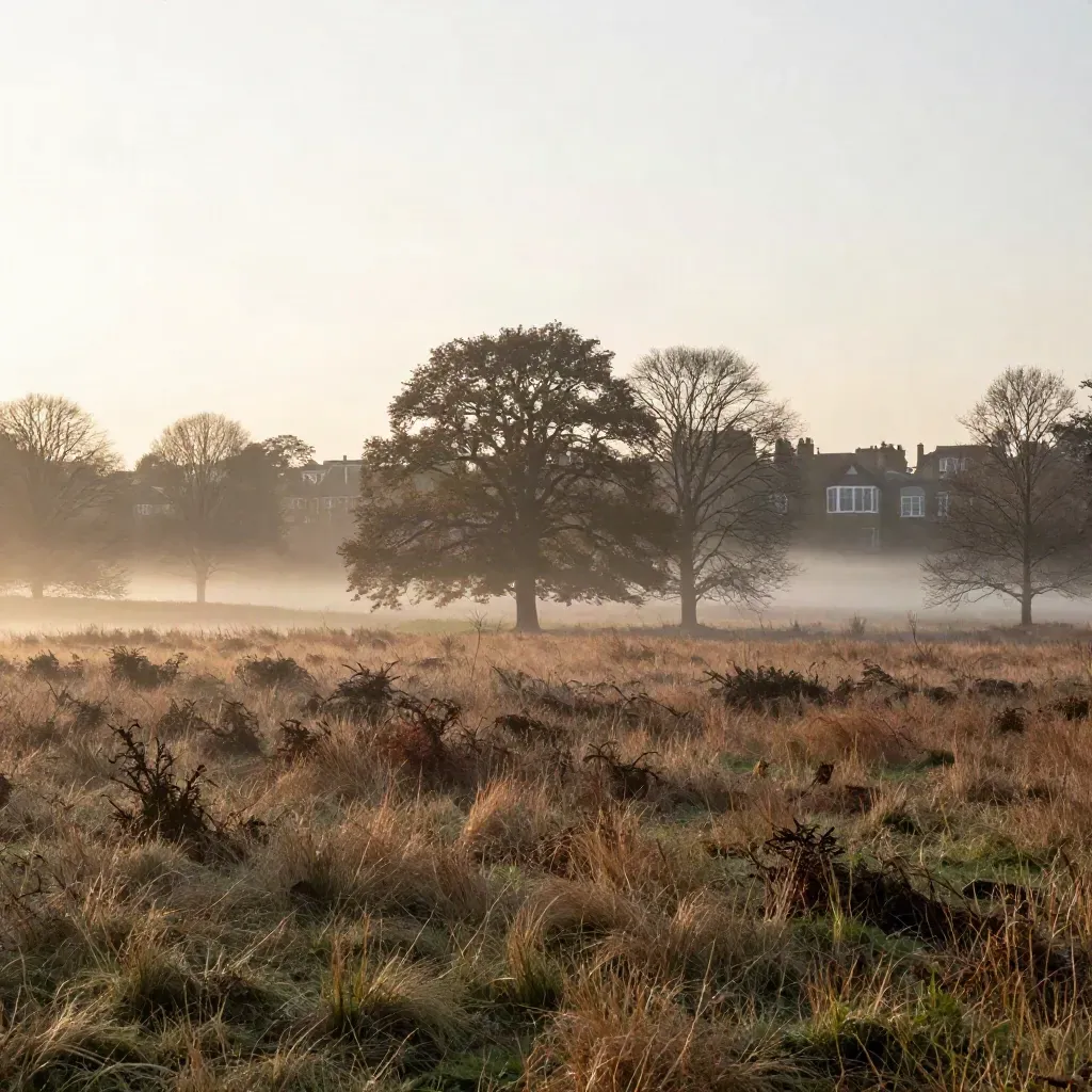 Foggy Hampstead Heath ridge at dawn with autumn trees and distant rooftops