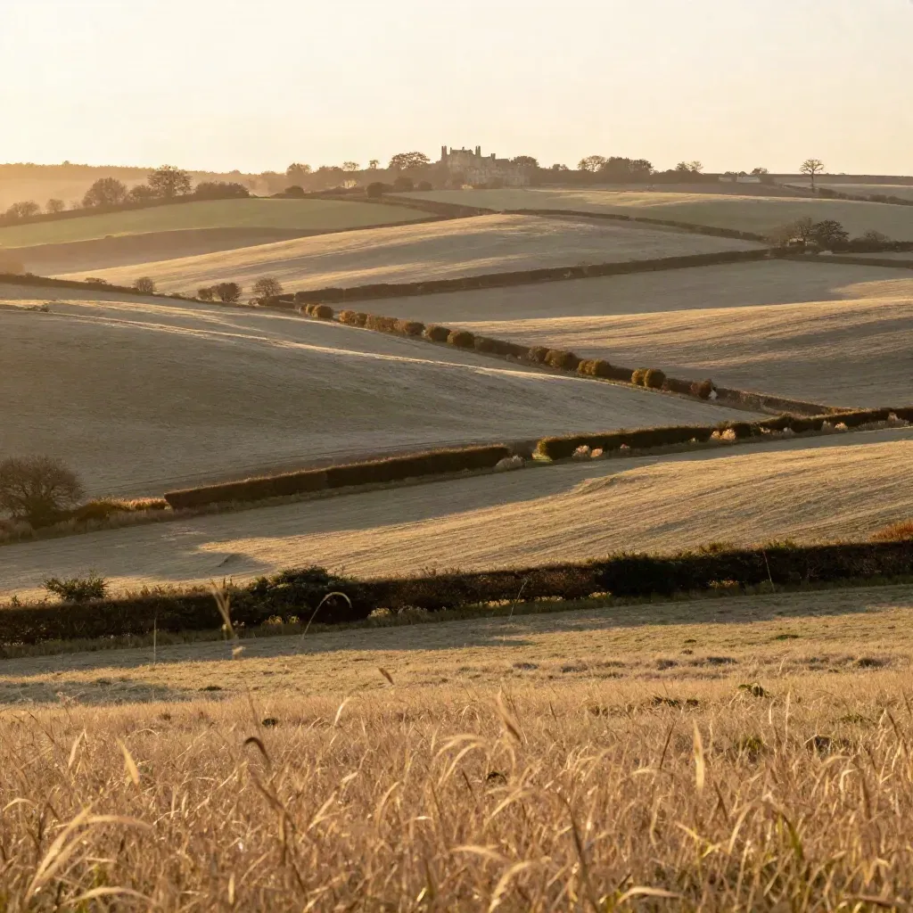 Golden Surrey hills with hedgerows, haze, and a distant manor roofline at sunset
